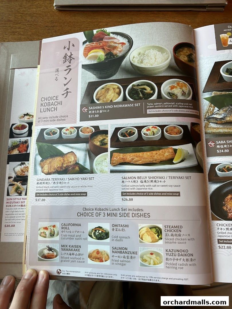 A menu page from SUN with MOON Japanese Dining Cafe featuring lunch sets and side dishes.