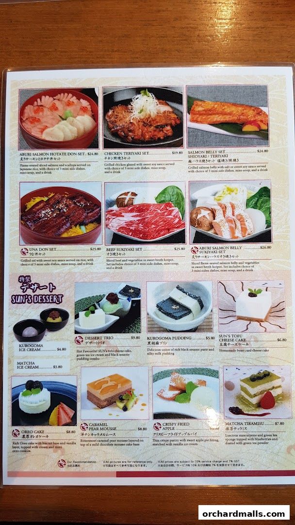 A menu from SUN with MOON Japanese Dining Cafe featuring various Japanese dishes and desserts.