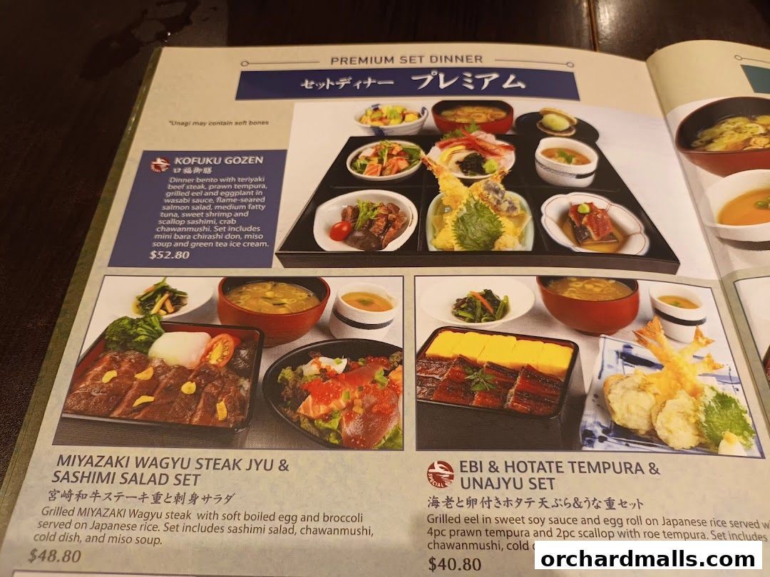 A menu page showcasing premium Japanese set dinners with detailed descriptions and prices.