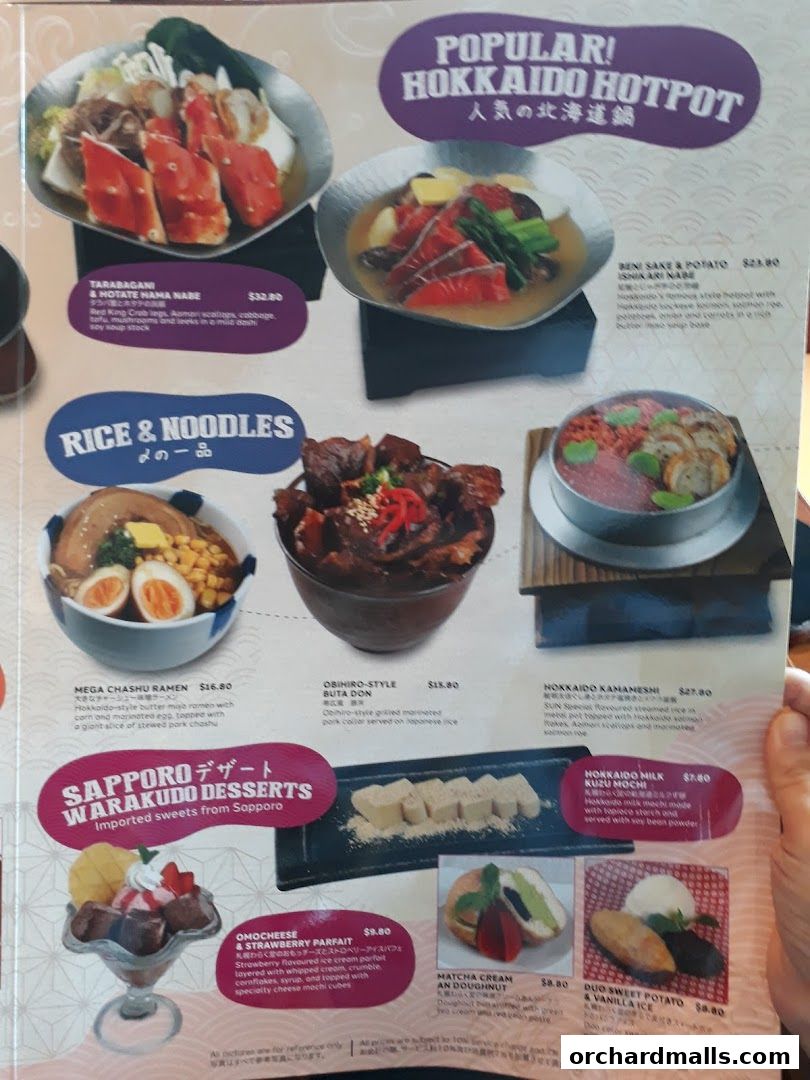 A menu page showcasing Japanese hotpot, ramen, donburi, and desserts with enticing food photography.
