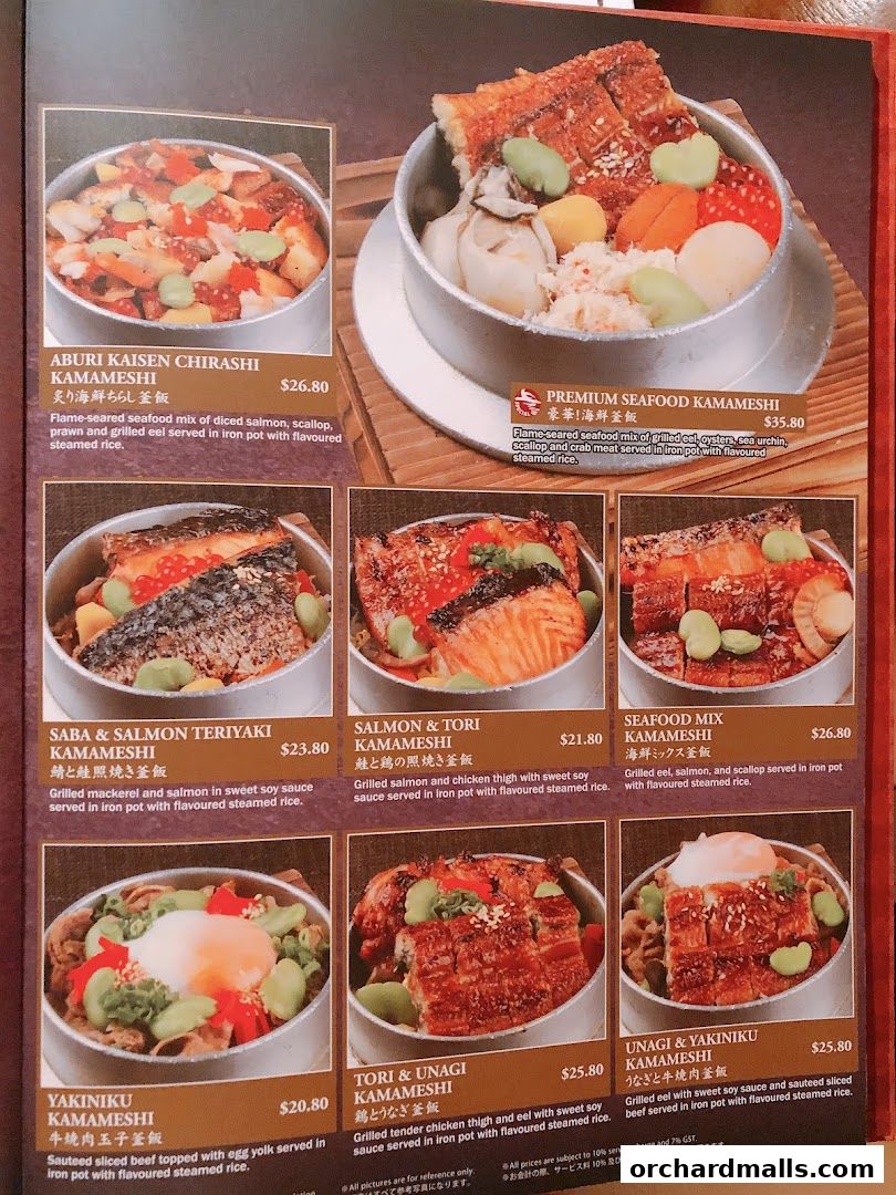 A menu showcasing various Japanese Kamameshi dishes with appetizing food photography.