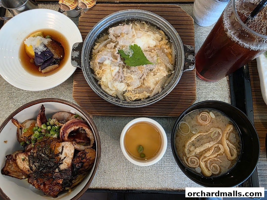 A top-down view of a Japanese meal featuring a donburi, soup, and a hot pot dish.