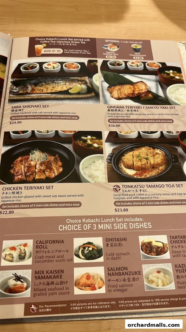 A menu page showcasing various Japanese lunch sets with detailed descriptions and prices.