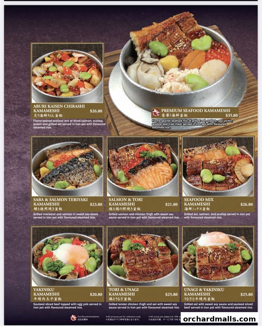 A collage of Japanese Kamameshi dishes served in iron pots.