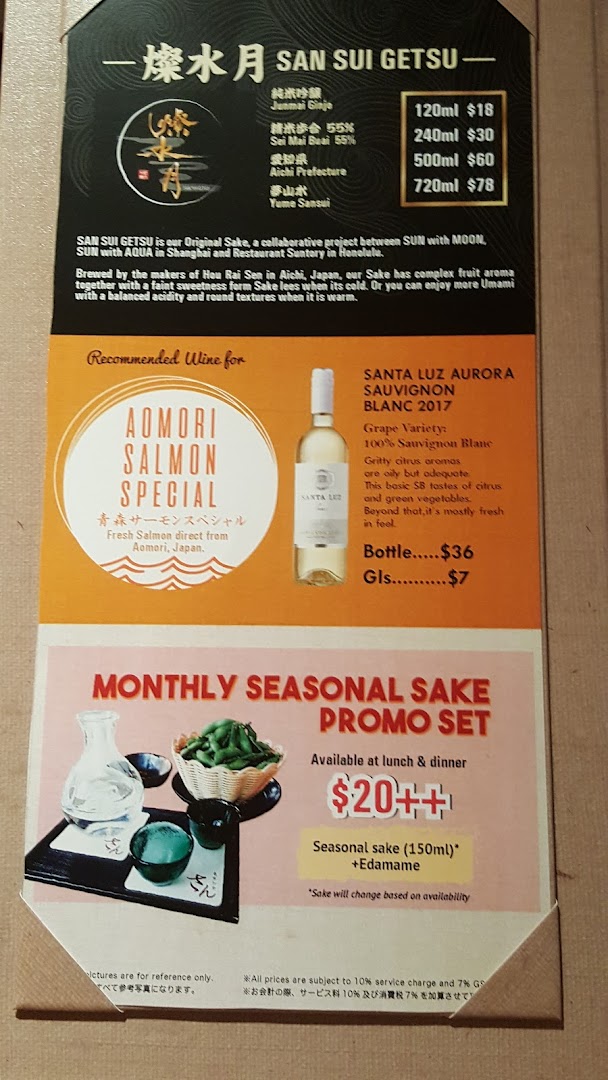 Menu page for SUN with MOON Japanese Dining  Cafe