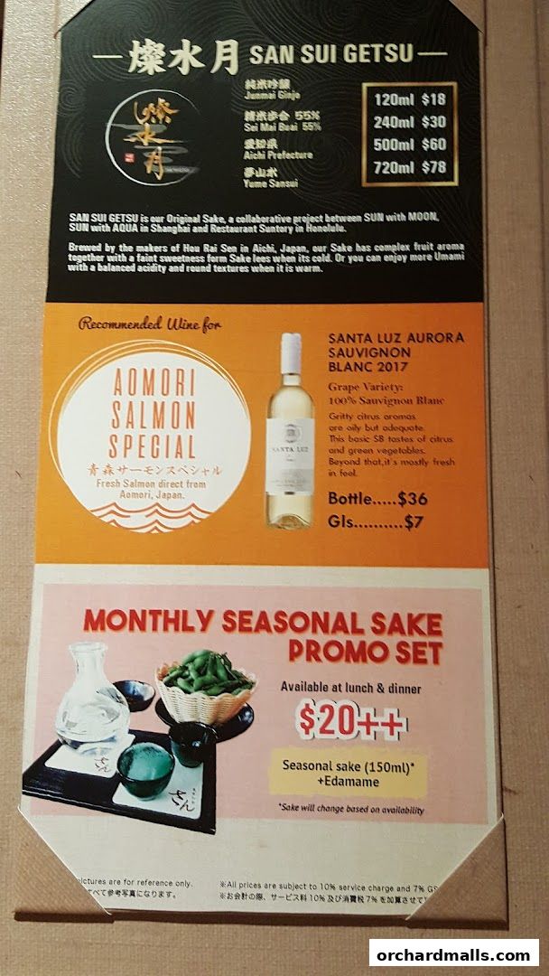 A menu featuring sake, wine, and a seasonal salmon special.