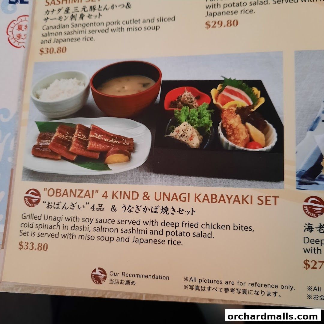 A Japanese dining menu featuring sets with grilled unagi, sashimi, and side dishes.