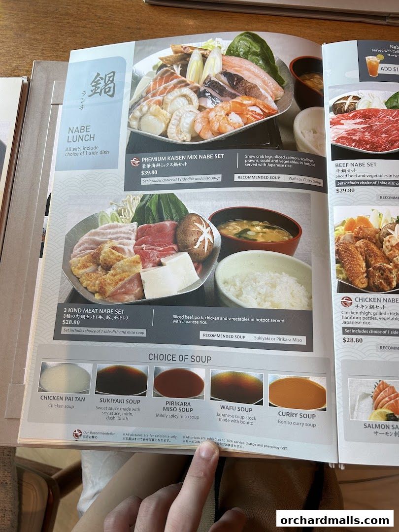 A menu page showcasing various Japanese Nabe hotpot sets and soup choices.