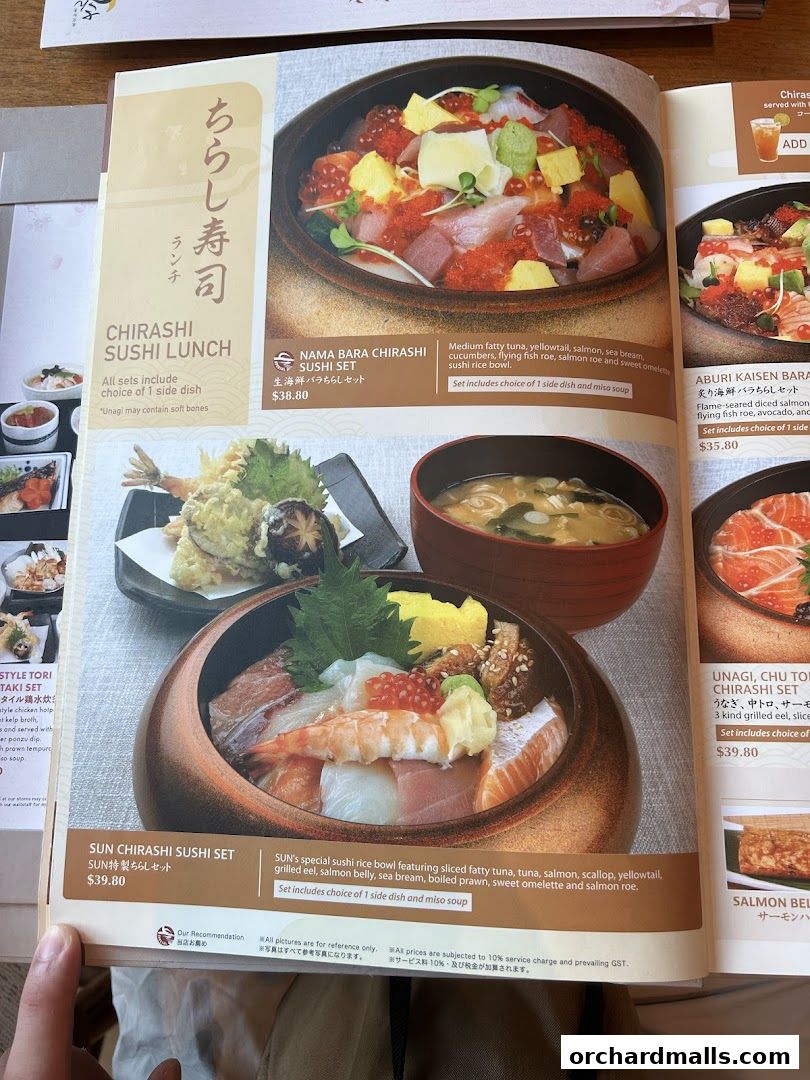 A menu page showcasing various chirashi sushi sets with detailed descriptions and prices.
