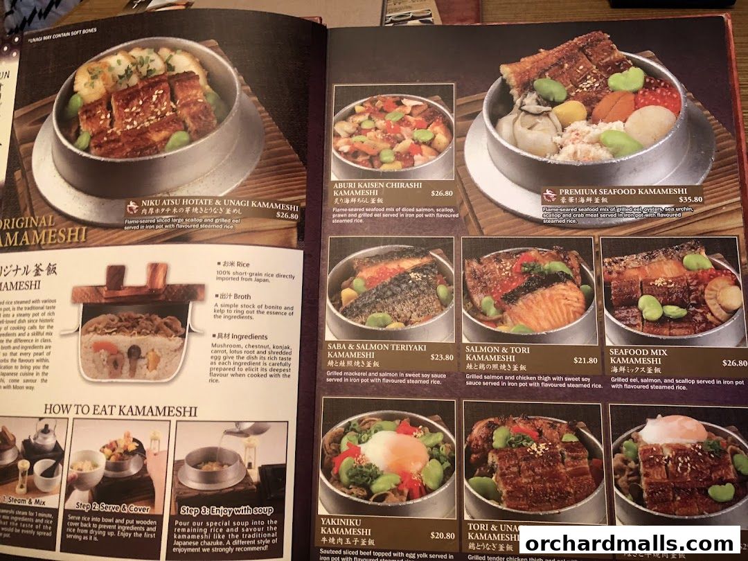 A menu showcasing various Japanese kamameshi dishes with detailed descriptions and prices.
