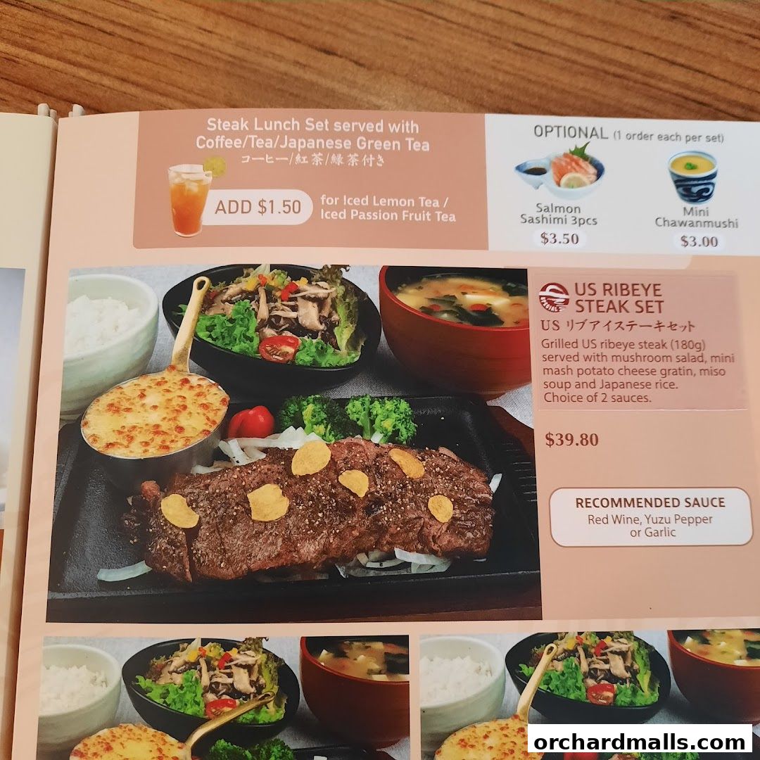 A menu showcasing a US Ribeye Steak Set with side dishes and optional add-ons.