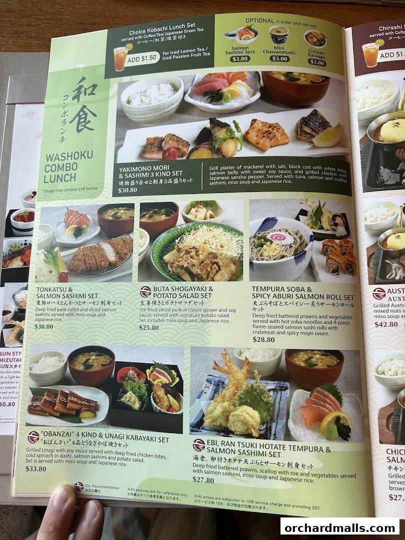 A menu page showcasing various Japanese combo lunch sets with descriptions and prices.