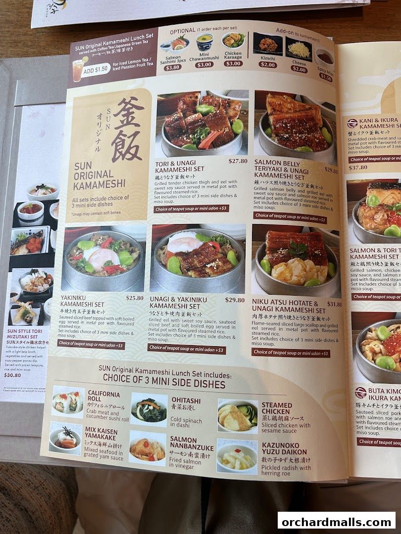 A menu from SUN with MOON Japanese Dining Cafe featuring various kamameshi sets and side dishes.