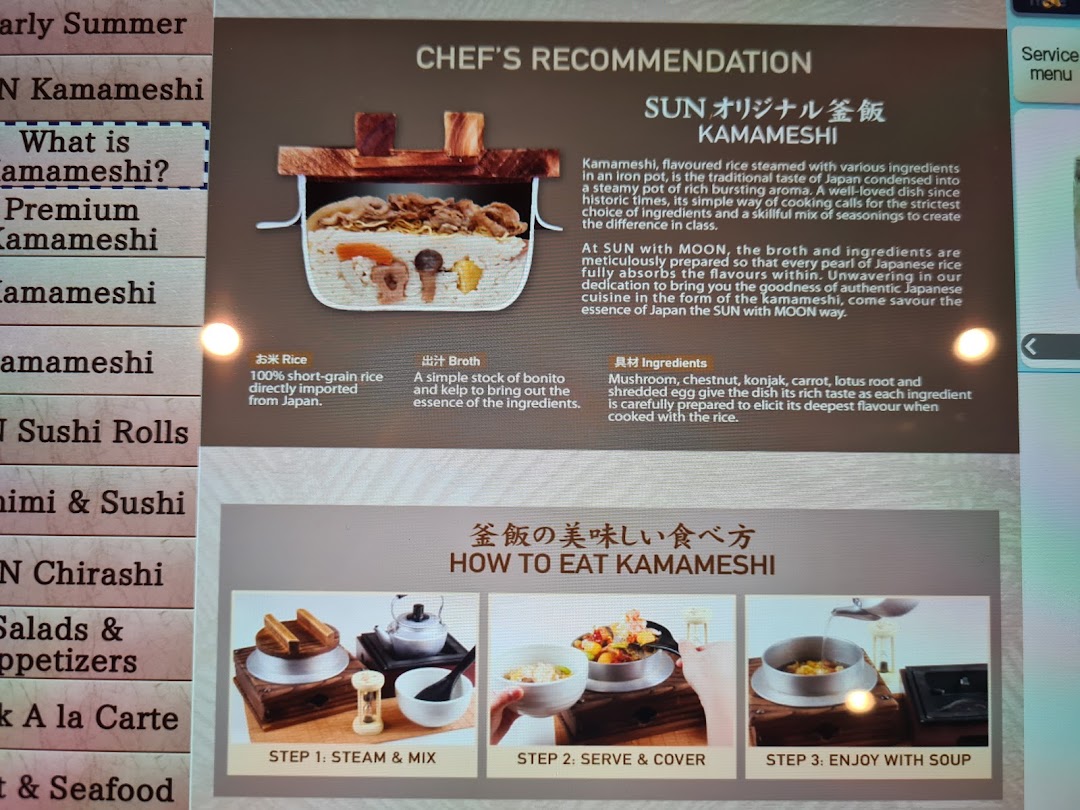 Menu page for SUN with MOON Japanese Dining  Cafe