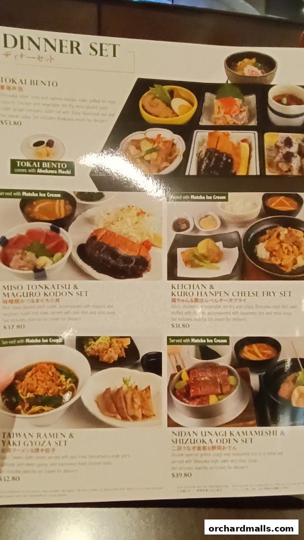 A menu showcasing various Japanese dinner sets with enticing food photography.