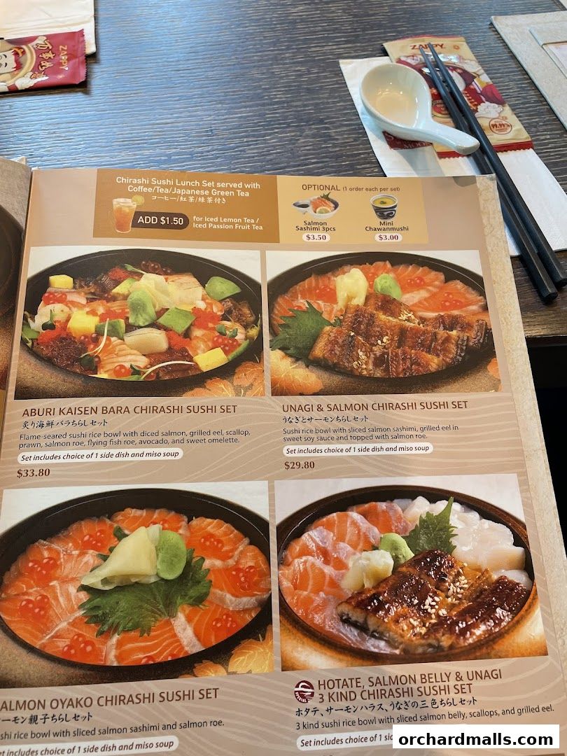 A menu featuring various chirashi sushi sets with detailed descriptions and prices.