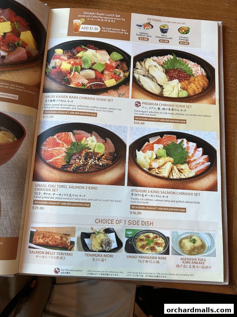 A menu page showcasing various chirashi sushi sets and side dish options.