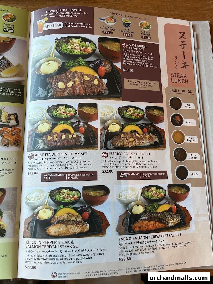 A menu page from SUN with MOON Japanese Dining Cafe featuring steak sets and other dishes.