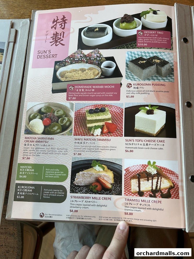 A menu page showcasing various Japanese desserts with enticing images and descriptions.