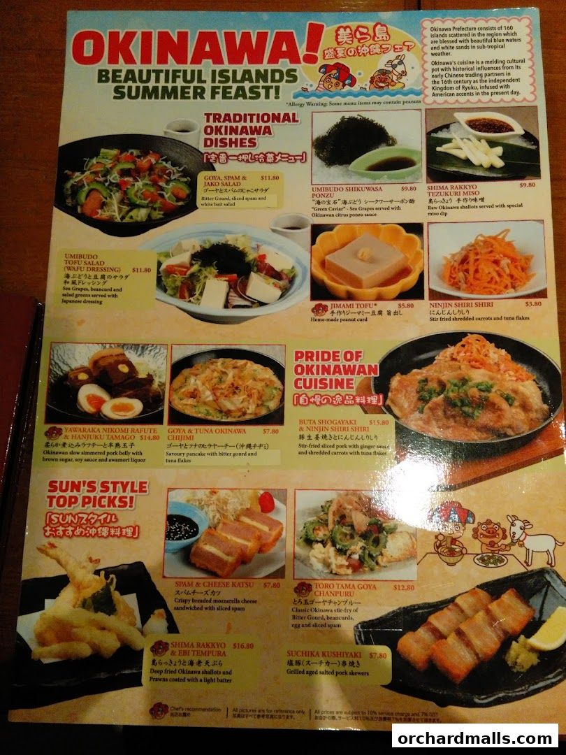 A menu featuring traditional Okinawan dishes and summer feast specials.