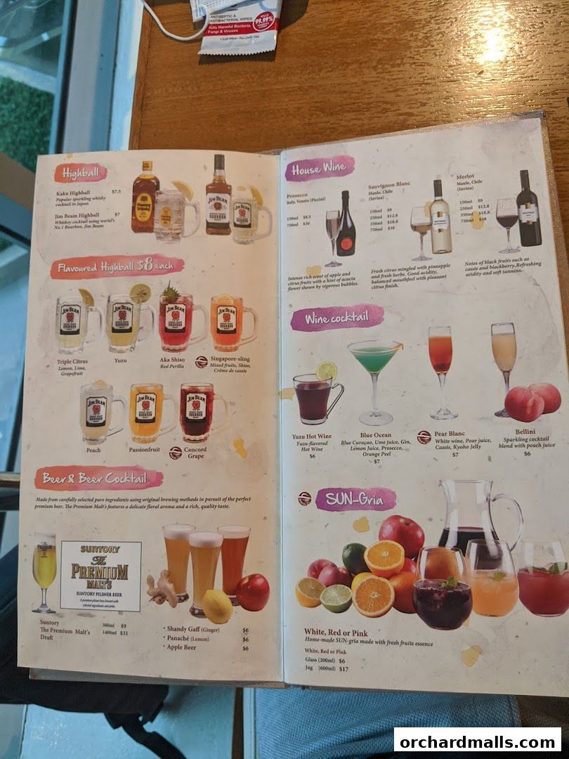 A menu from SUN with MOON Japanese Dining Cafe featuring highballs, wines, cocktails, and beer.