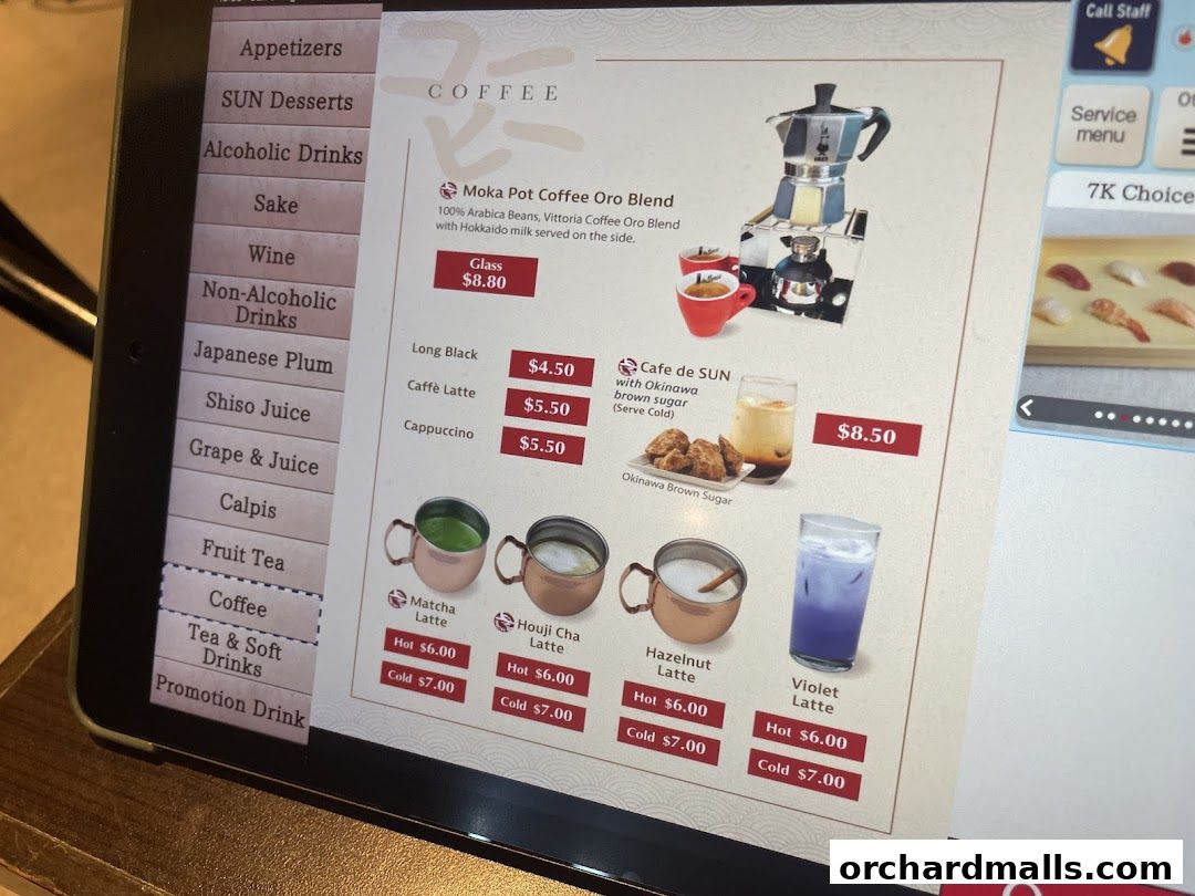 A digital menu displaying coffee and drink options at SUN with MOON Japanese Dining Cafe.