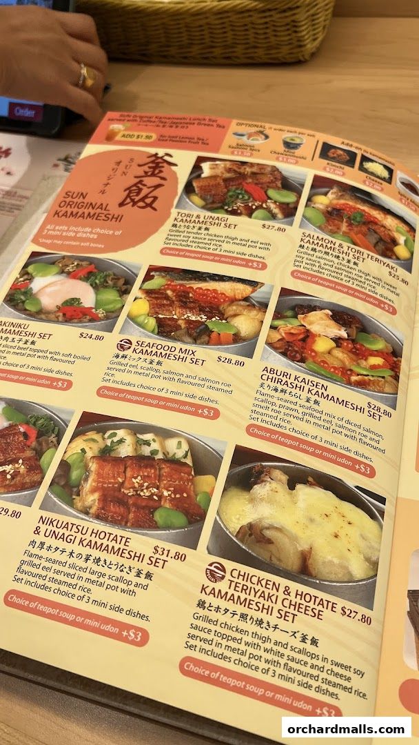 A menu from SUN Original Kamameshi featuring various Japanese rice bowl sets.