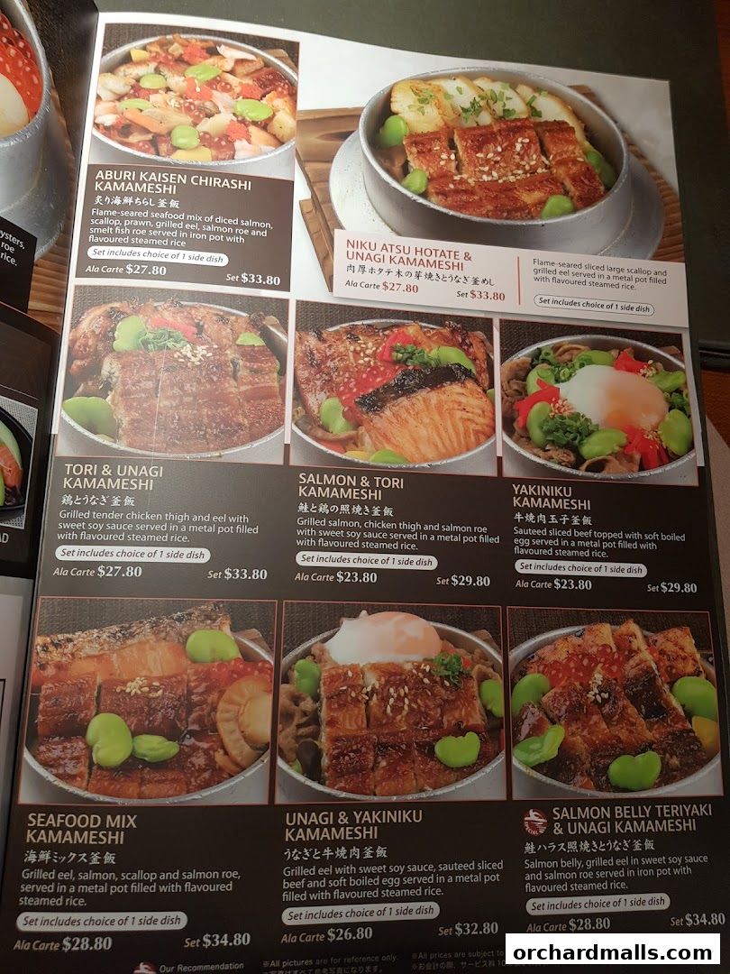 A menu page showcasing various Japanese kamameshi dishes with appetizing food photography.