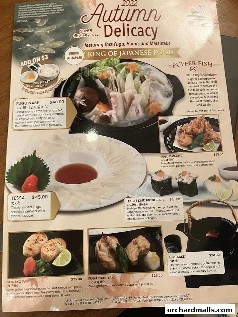 A menu showcasing Autumn Delicacy featuring Puffer Fish dishes and other Japanese specialties.