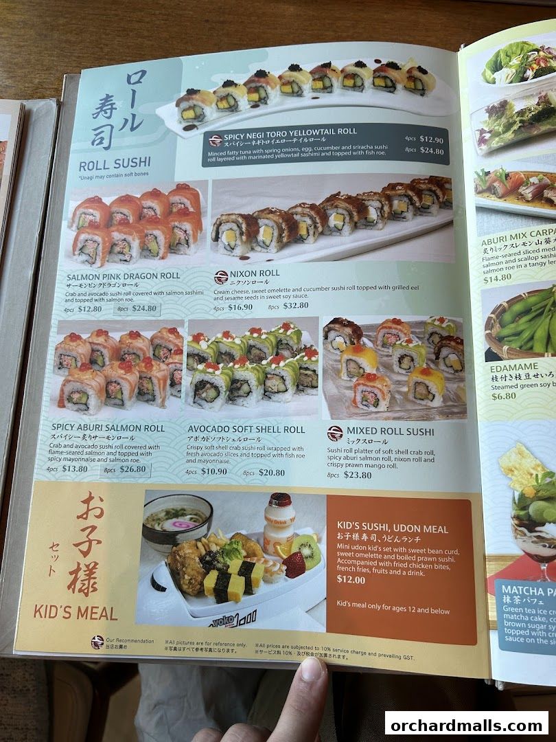 A menu page showcasing various sushi rolls, a kid's meal, and desserts.