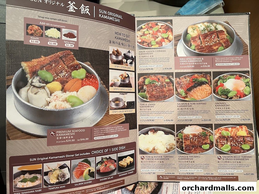 A menu from SUN with MOON Japanese Dining Cafe showcasing various Kamameshi dishes.