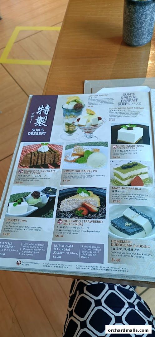 A menu showcasing various Japanese desserts including parfaits, crepes, cakes, and ice cream.