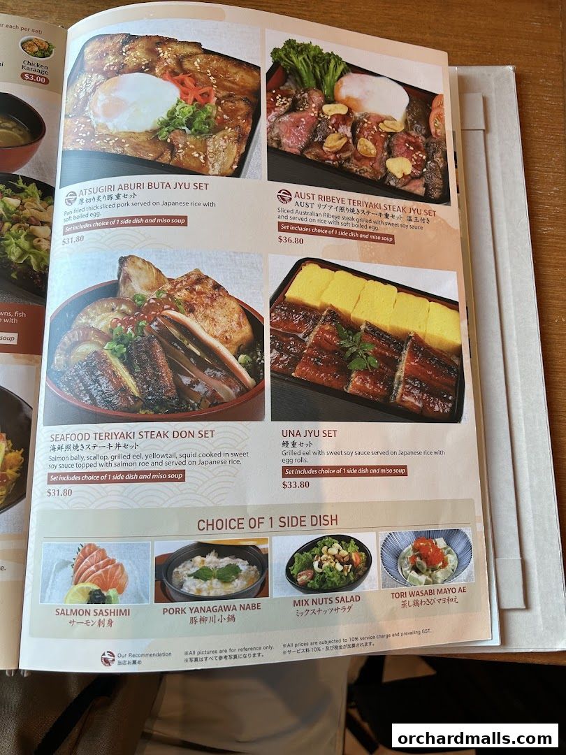 A menu page showcasing various Japanese set meals with appetizing food photography.