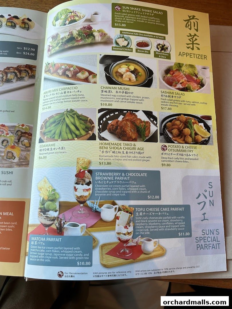 A menu page from SUN with MOON Japanese Dining Cafe featuring appetizers and parfaits.