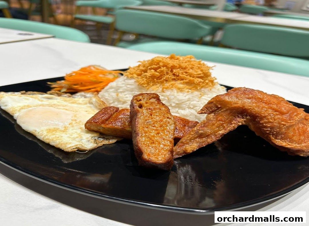 A plate of rice with fried chicken wing, fried egg, and other sides.