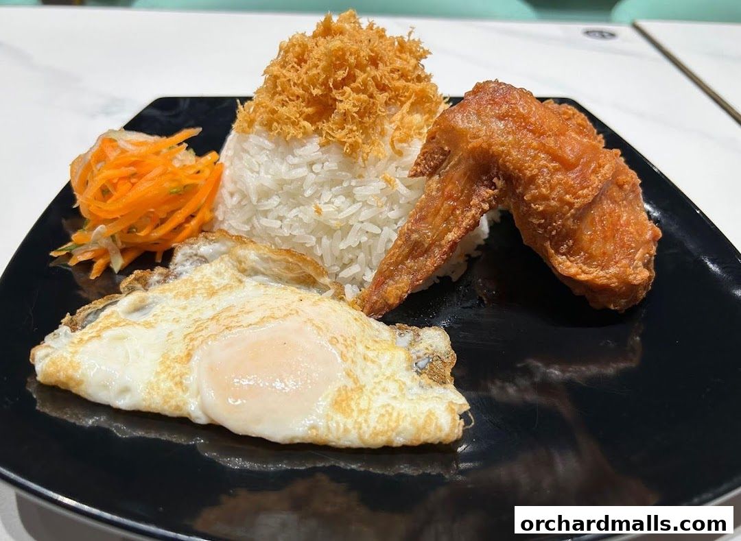 A plate of rice with fried chicken wing, fried egg, and shredded carrots.