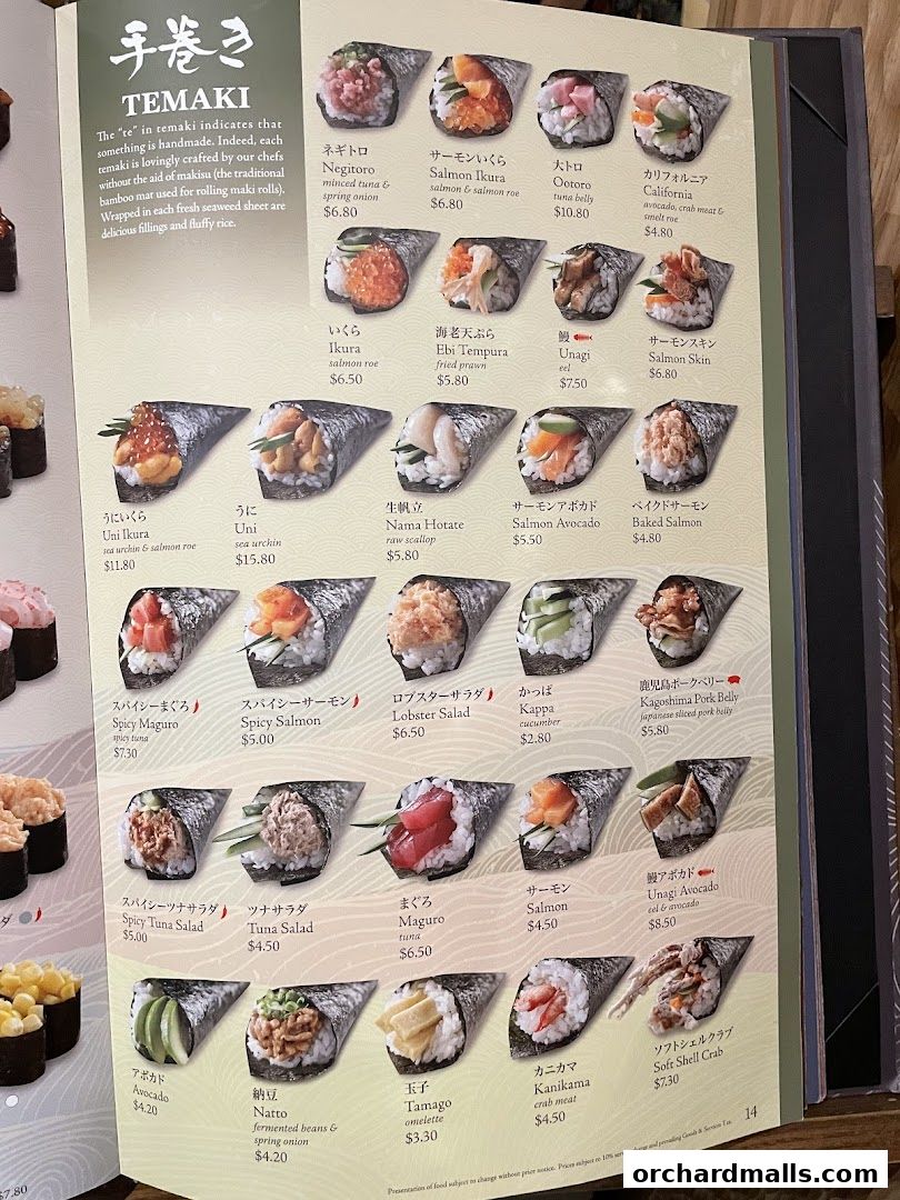 Menu page for SUSHI TEI