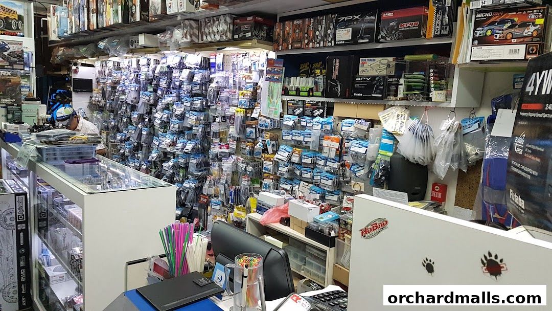 Interior of a hobby shop filled with shelves of model car parts and accessories.