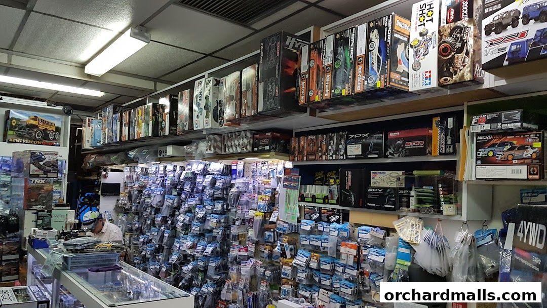 Interior view of a hobby shop filled with model cars, parts, and accessories on shelves.