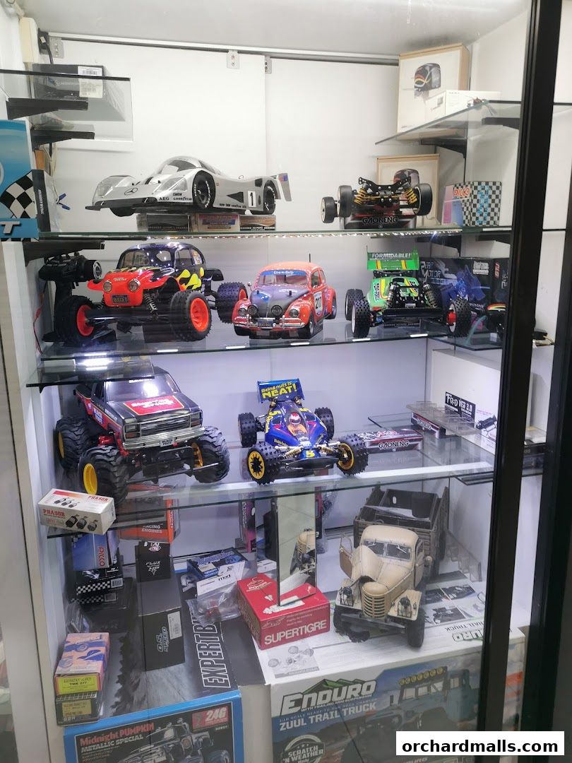 A display case filled with various model cars, including remote-controlled vehicles and vintage replicas.