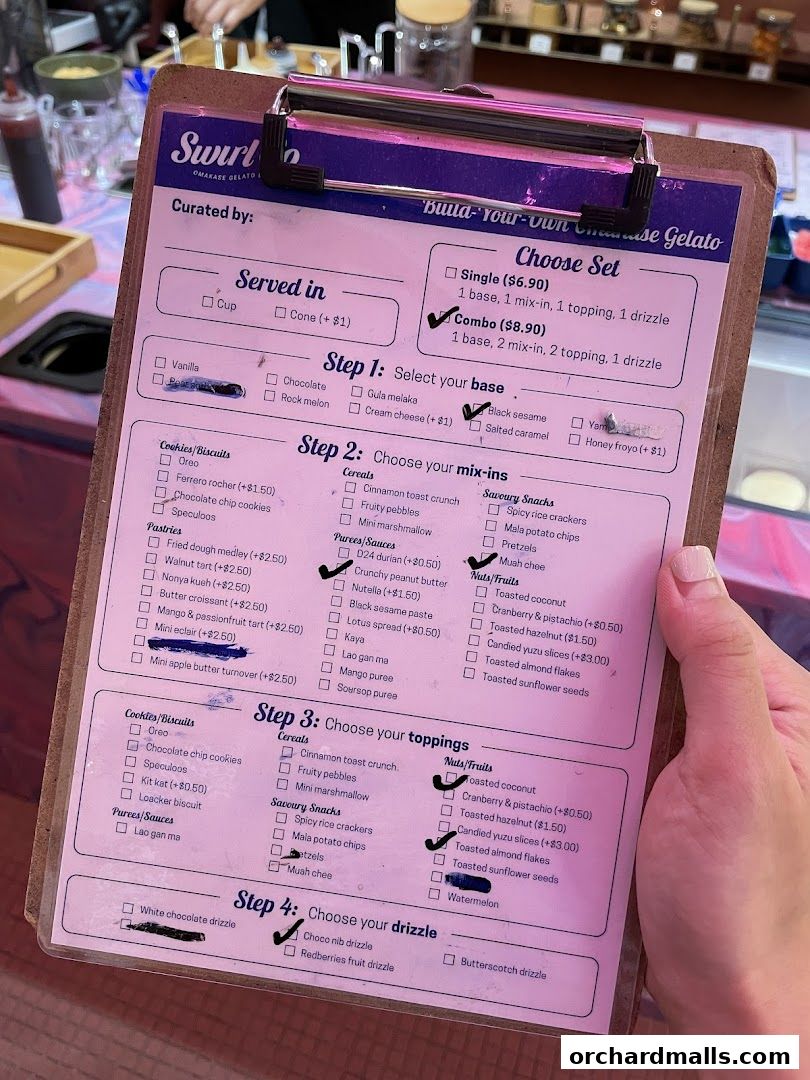 Menu page for SWIRLGO Omakase Gelato Lab