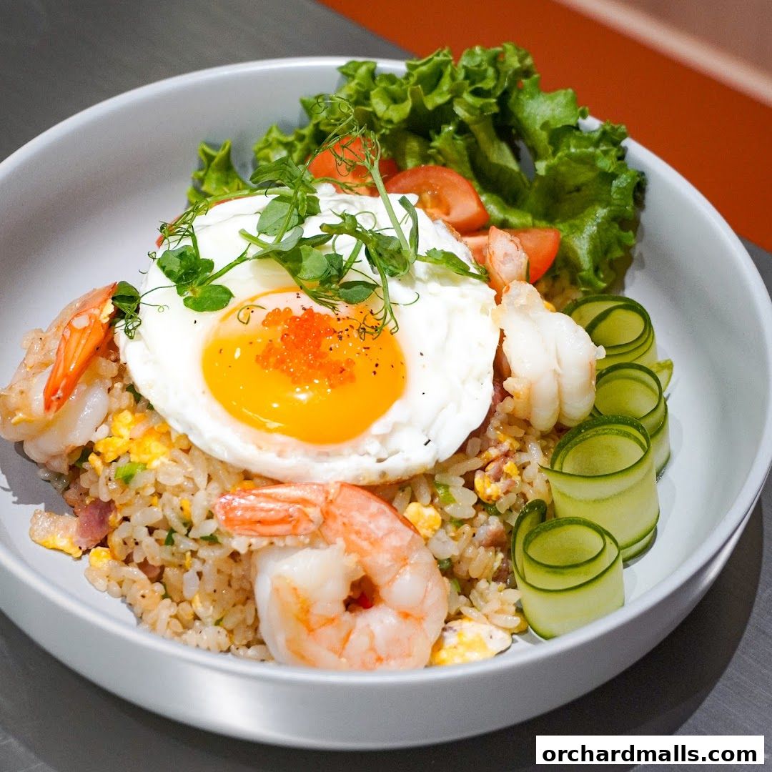 A bowl of fried rice topped with a sunny-side-up egg, shrimp, and garnished with cucumber and lettuce.