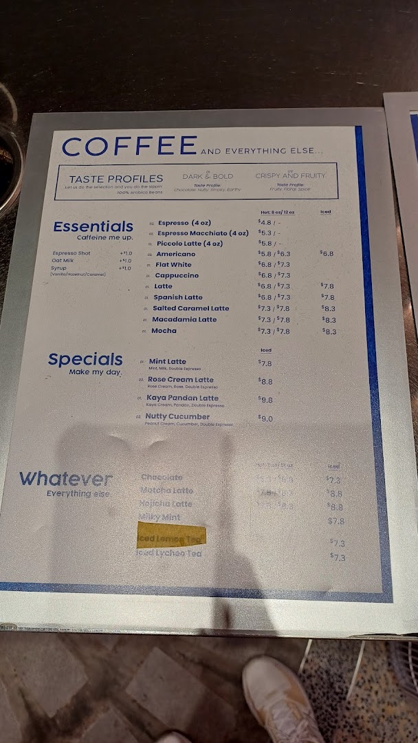 Menu page for TAG Espresso