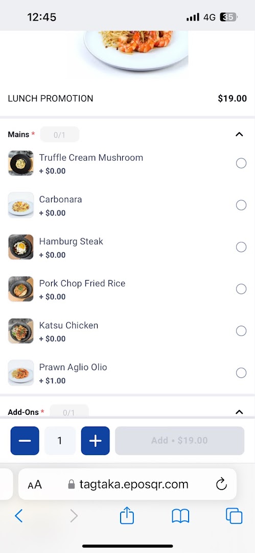 Menu page for TAG Espresso