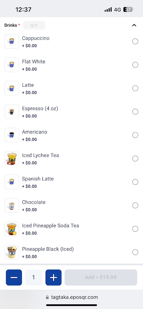 Menu page for TAG Espresso