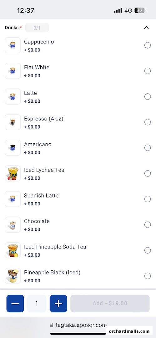 A screenshot of a mobile app displaying a list of drinks from TAG Espresso.
