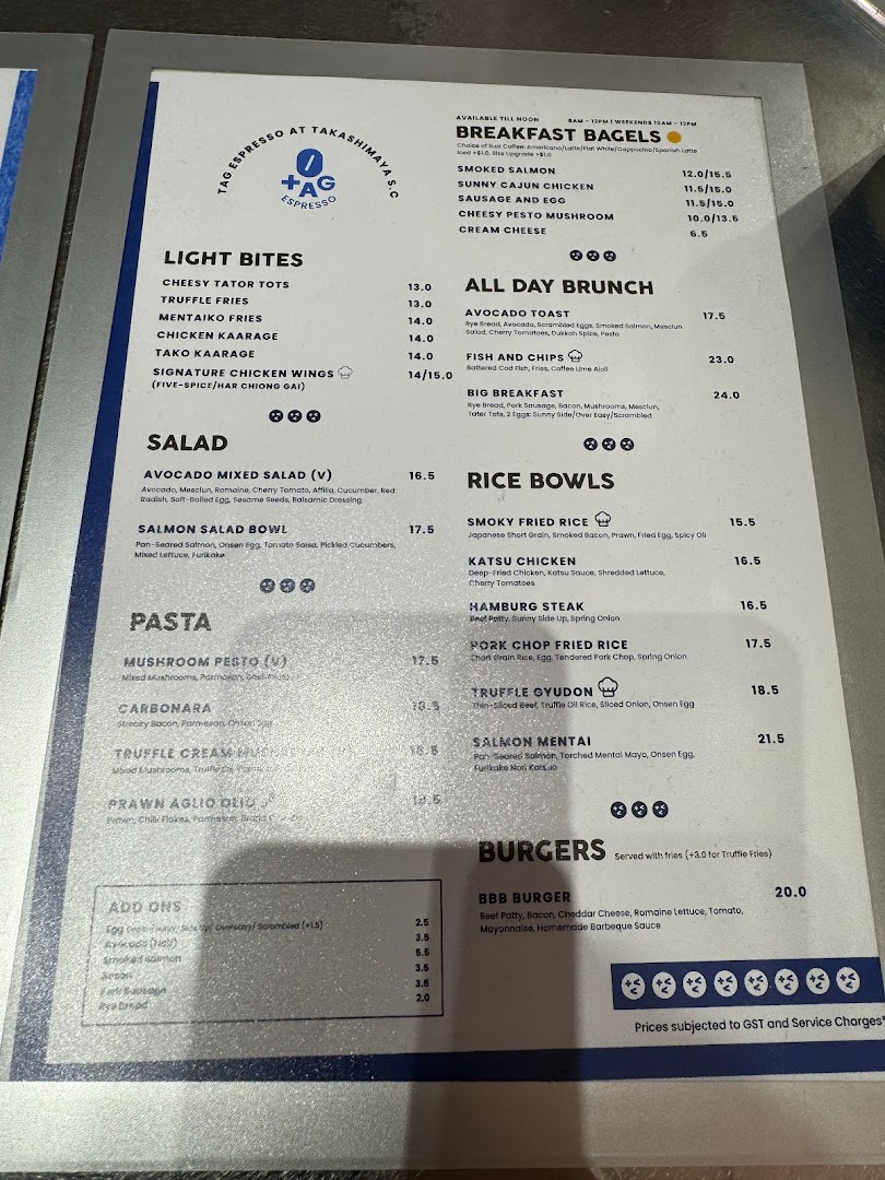 Menu page for TAG Espresso