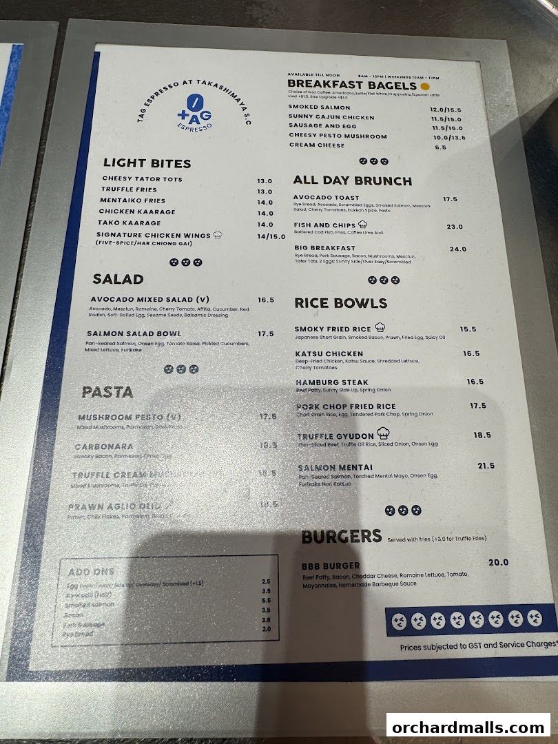 A menu from TAG Espresso at Takashimaya S.C. featuring various dishes and add-ons.