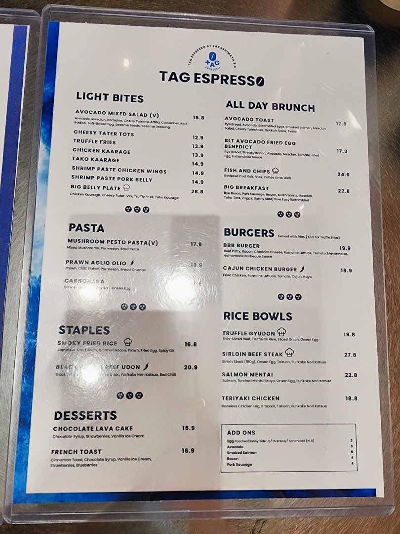 Menu page for TAG Espresso