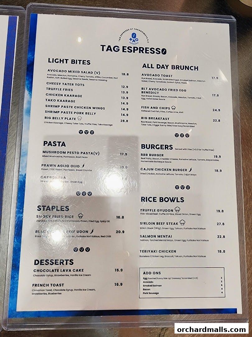 A menu from TAG Espresso featuring light bites, brunch, pasta, burgers, rice bowls, and desserts.